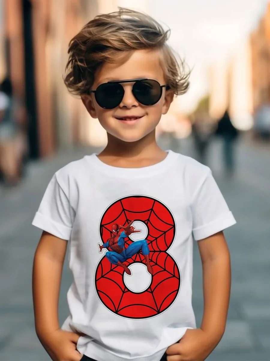 thumbnail image 1 of Camisetas de cumpleaños para niños de 1 a 9 años de Disney Marvel Spider Man, camisetas para niños, camisetas de fiesta para niñas con ropa, camisetas de moda para niños, 1 of 5