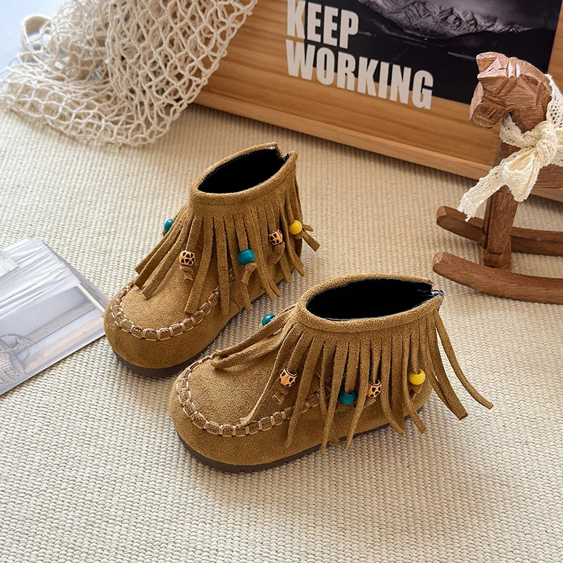 Children Ankle Boots Retro Tassels Girls Short Boots Round Toes for Autumn Winter 2025 Fashion Kids Princess Boots Soft Bottom