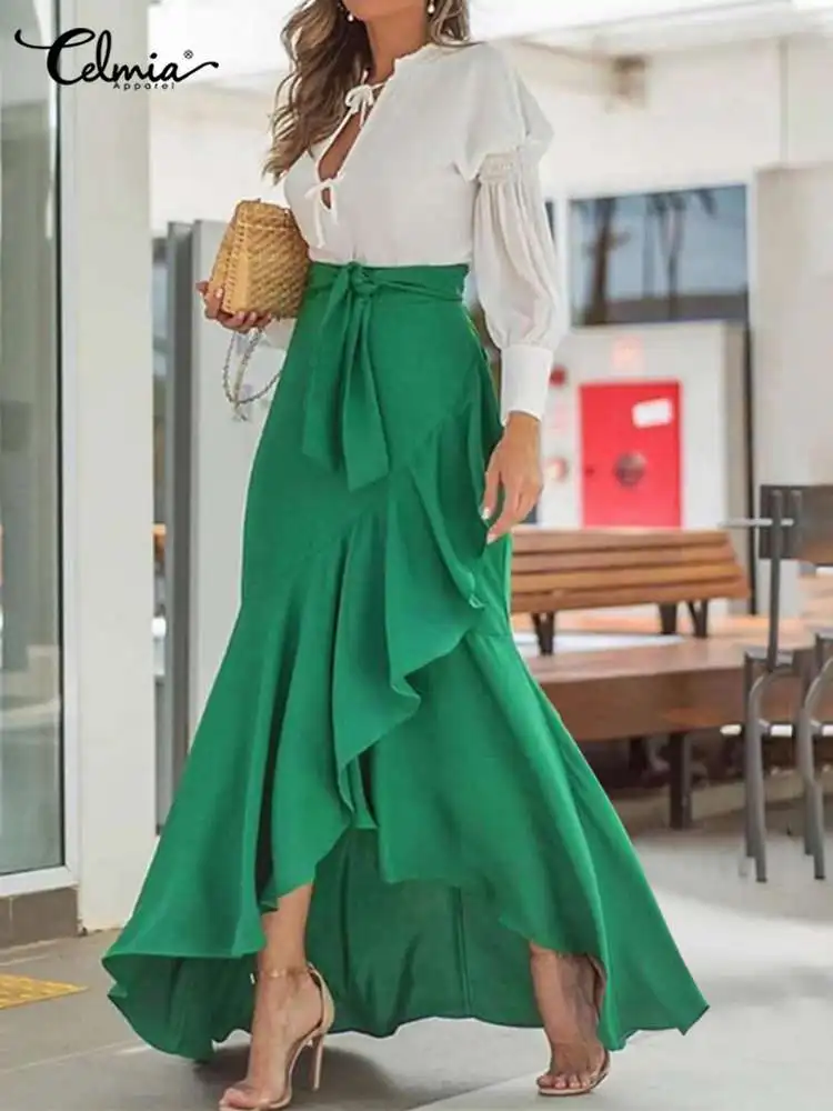 

Summer Women Fishtail Skirts Fashion Party Maxi Skirt Celmia Summer High Waist Belted Casual Loose Asymmetrical Ruffles Skirts