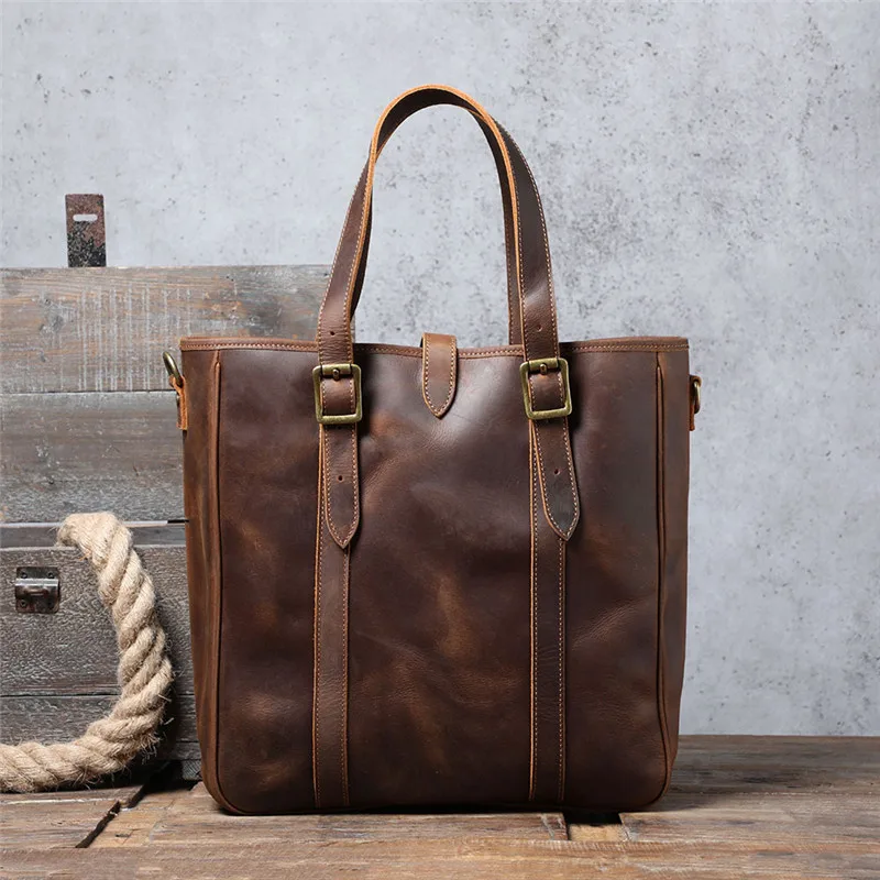 

Vintage large-capacity crazy horse cowhide men's tote bag natural genuine leather work handbag shopping shoulder messenger bags