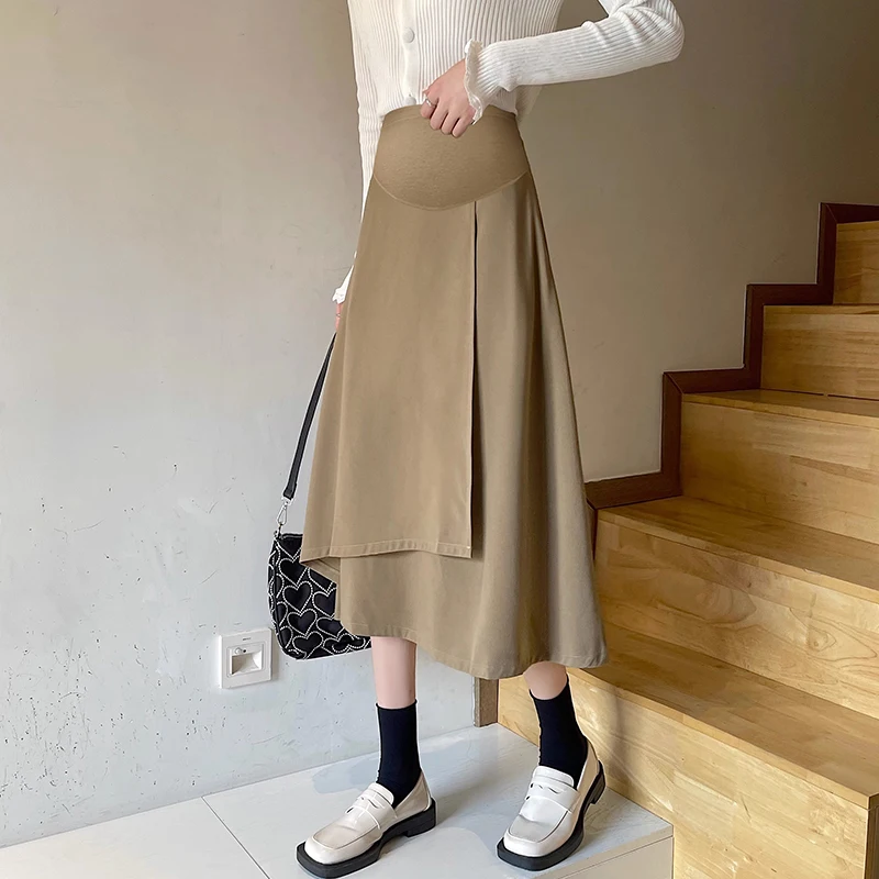 Spring Maternity Irregular Skirts Split High Low Fashion Pregnant Woman Belly Skirt Mid-calf Pregnancy Empired Skirt