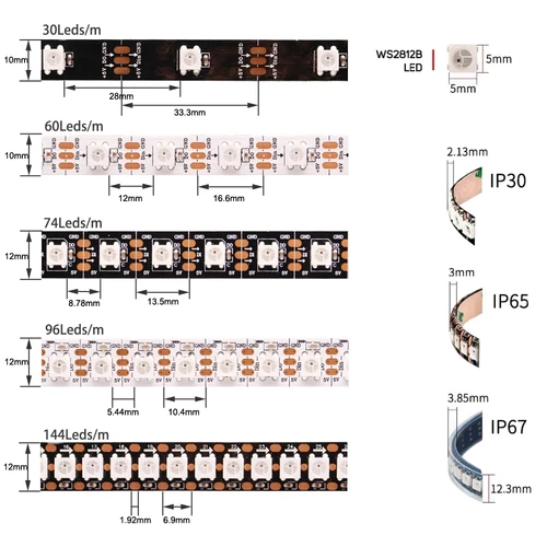 DC5V WS2812B 개별 주소 지정 가능 5050 RGB LED 스트립 WS2812 흑백 PCB IP30/65/67 스마트 픽셀 LED 조명 1-5m 4