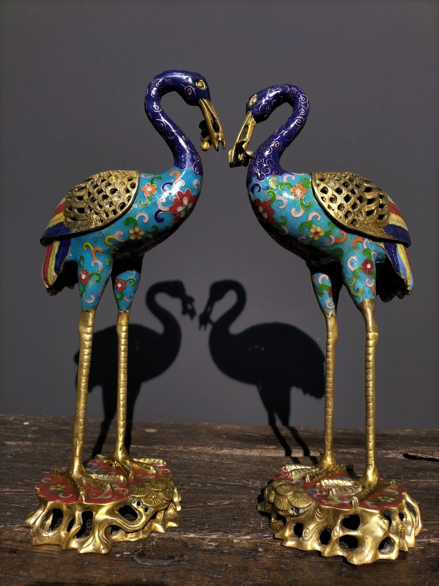 

14"Tibetan Temple Collection old Bronze Cloisonne Enamel Longevity Crane incense burner a pair Gather fortune Ornament