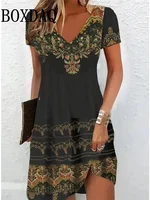 Robe mi-longue à imprimé floral de style ethnique rétro pour femmes, grande taille, pull décontracté à manches courtes, col en V, robe d'été, 2025 2