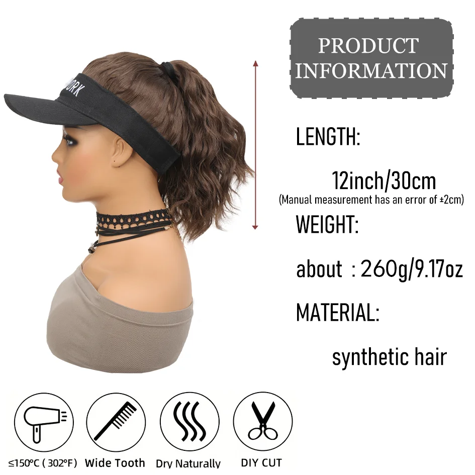 Synthetic 12inch Women's hat Water ripple wig hat with ponytail wig Hat with wig Lady's adjustable black baseball cap wig