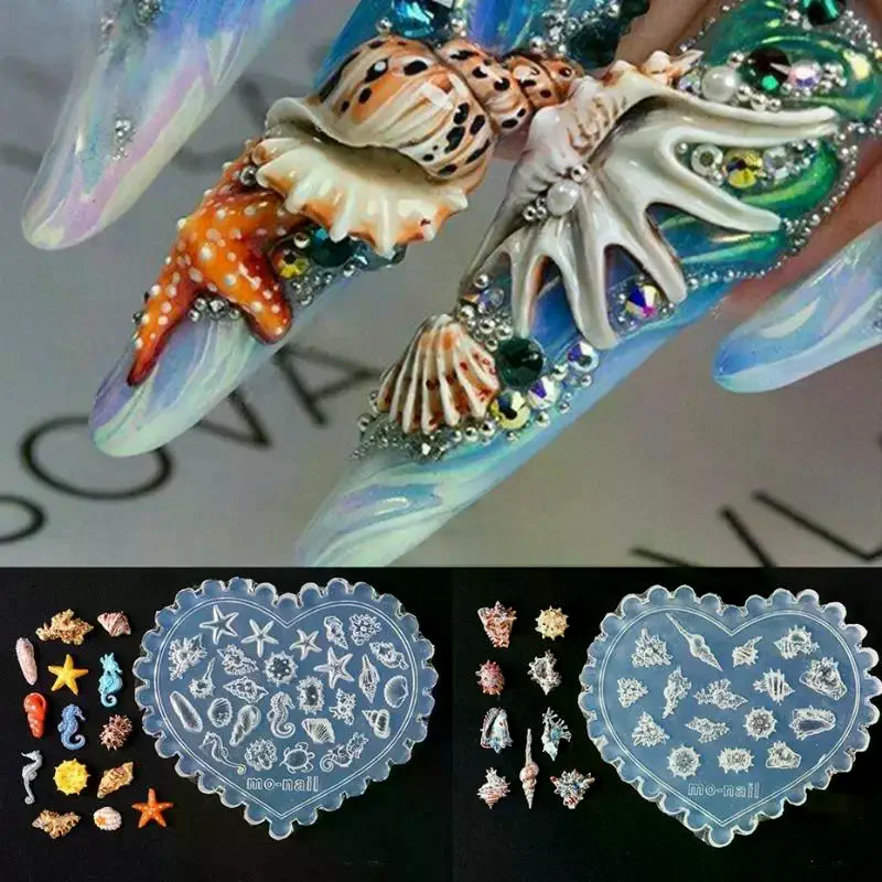 바다 조개 불가사리 물고기 꼬리 3D 실리콘 네일 몰드 해파리 소라 투명 몰드 네일 아트 조각 템플릿 DIY 액세서리