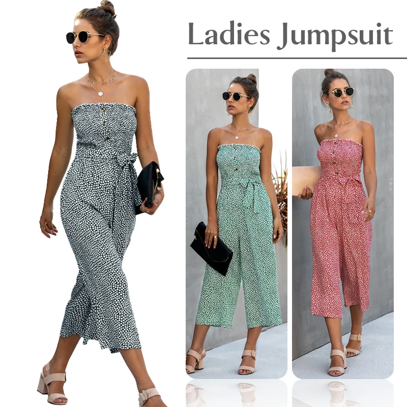 Women Floral Printed Bandeau Jumpsuits Button Tie Ladies Sleeveless Summer Wide Leg Long Pants Rompers Playsuit