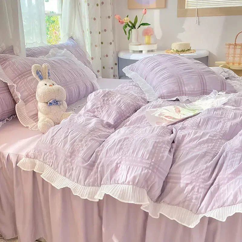 

Princess Seersucker Bedding Set For Girls Washed Cotton Duvet Cover Luxury Ruffle Quilt Cover Summer Bedding Set For Girls