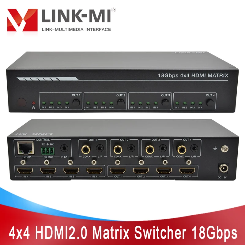 LINK-MI 4x4 HDMI2.0 매트릭스 스위치 L/R 동축 오디오 지원 4k 60hz 18Gbps,ARC,EDID,RS232,TCP/IP, 웹 GUI 제어 AV 스위처