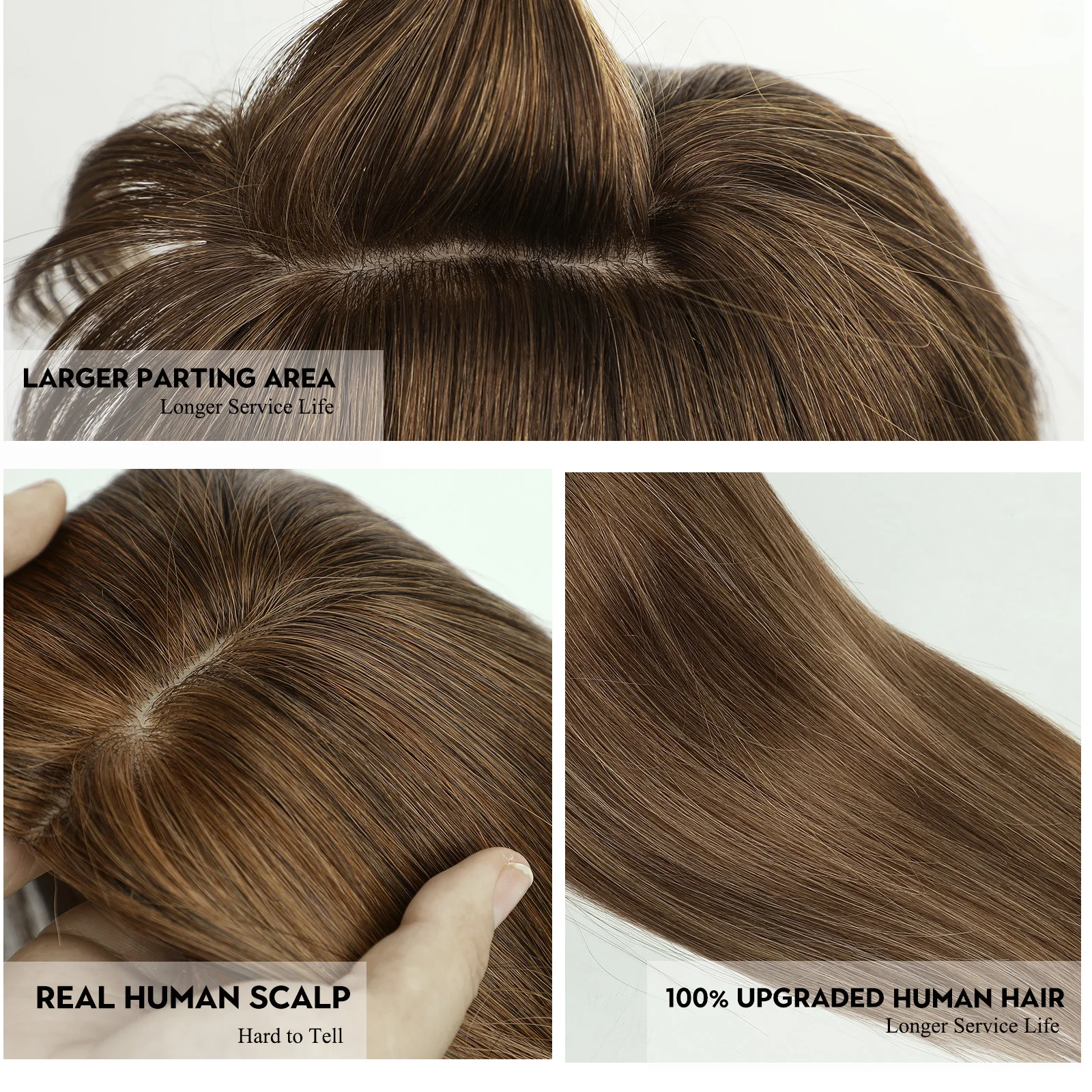 100% Brown Remy Human Hair Toppers Wigs with Bangs Silk Base Clip in Topper Top Hairs in Hair Extension for Women 10/12/14inch