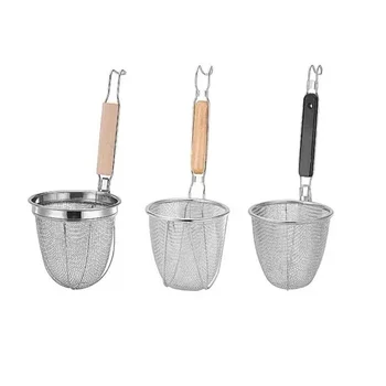 Stainless Steel Noodle Funnel Thickened Multifunctional Fine Mesh Sieve Spoon Wooden Handle Noodle Dumplings Mesh Basket