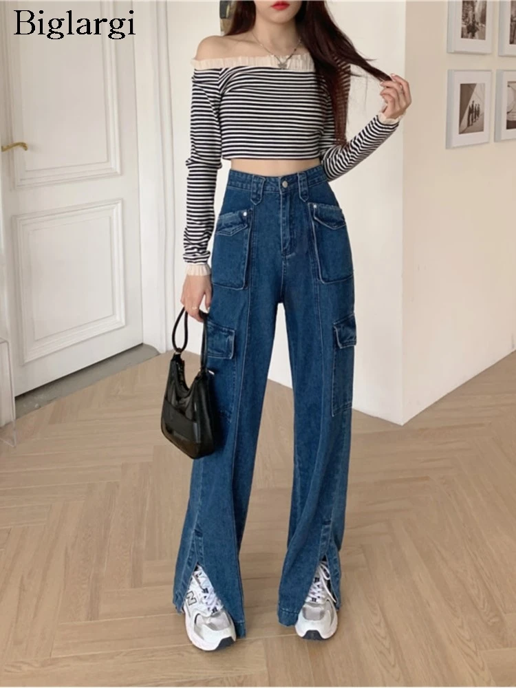 

Jeans Spring Long Flared Pant Women High Waist Retro Modis Irregular Split Pleated Ladies Trousers Korean Style Loose Woman Pant