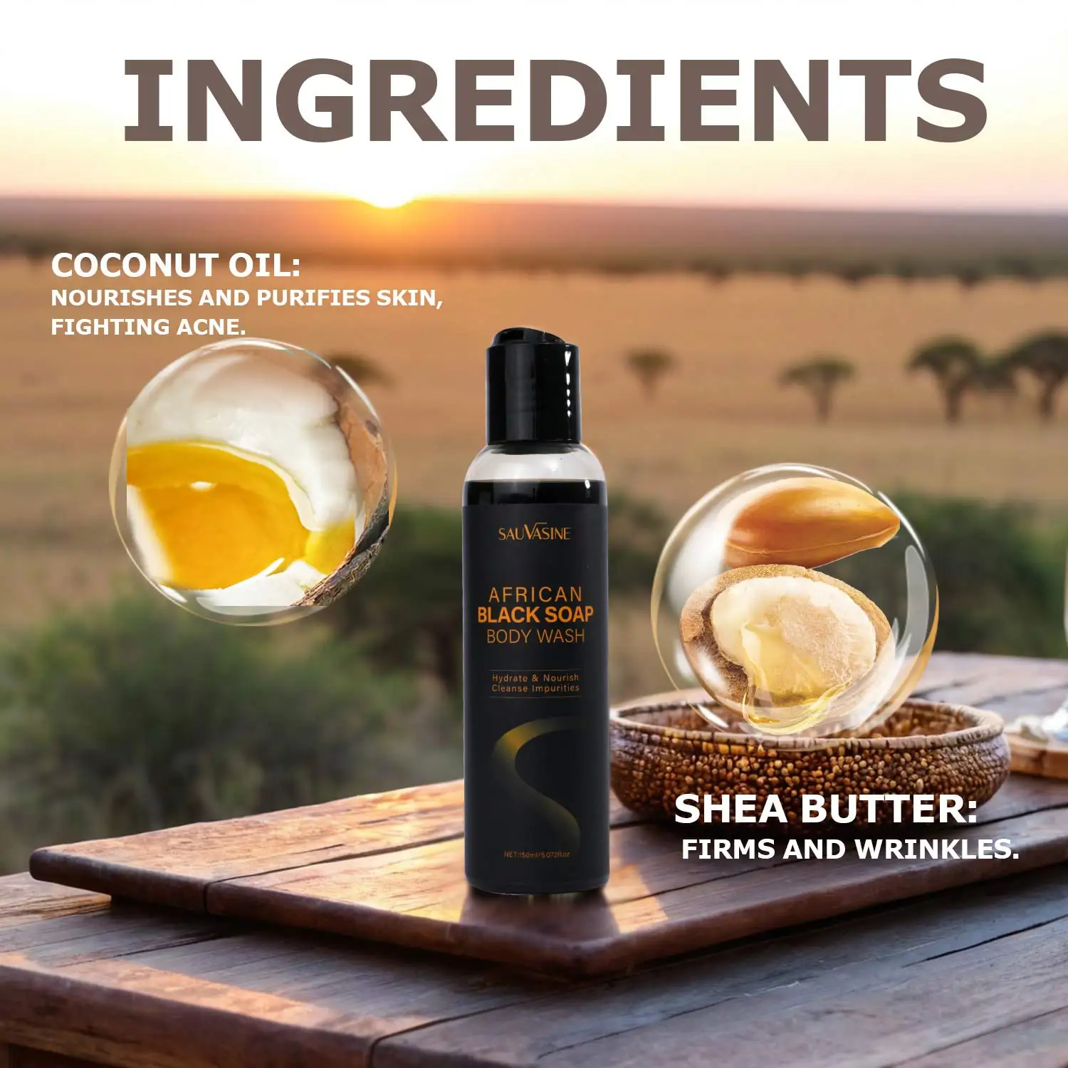 African Black Soap Soothing Body Wash with Shea Butter Deep Cleansing Skin Moisturizing Shower Gel for Acne Treatment Body Care