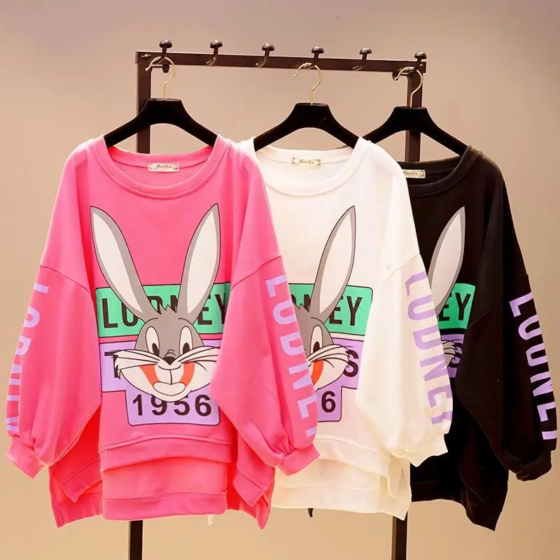 Women Autumn Clothes Korea Loose Round Neck Pullover Top Mid-length Lantern Sleeve Cartoon Rabbit Print Students Sweatshirt