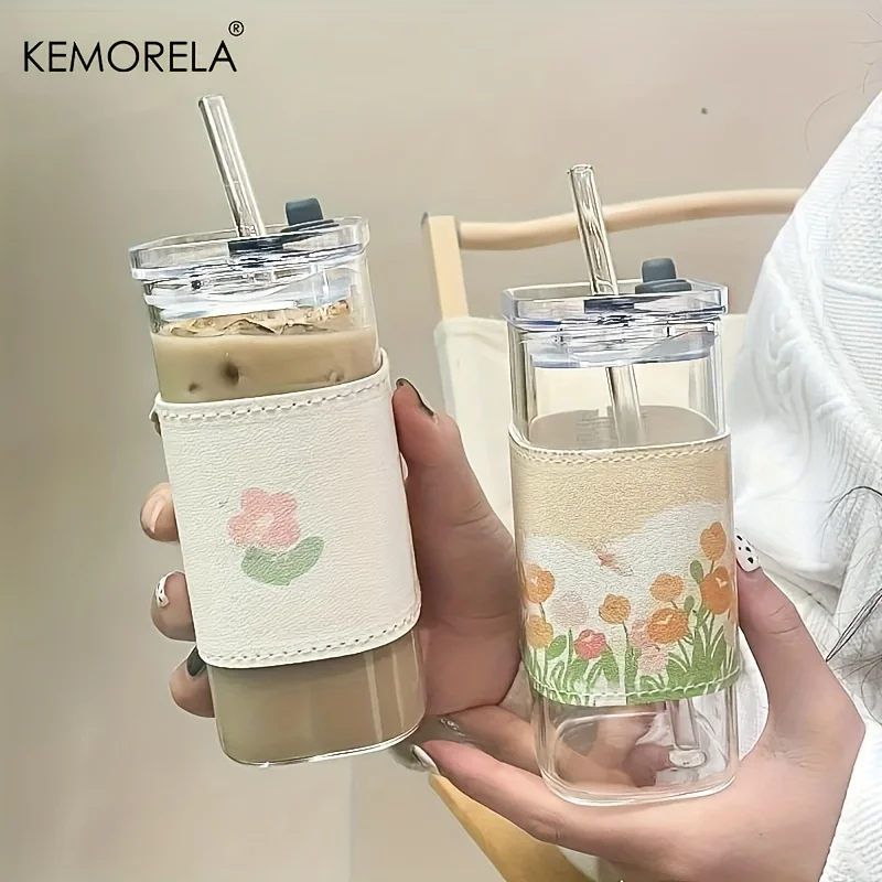 Stainless Steel Cups Whiskey Glass Drinking Glasses Set Crystal Glass Cup Bubble Glass Cup Square Glass Mug Double Wall Glass Mug 4/6PCS Portable Drinking Cups 380ml/500ml Heat Resistant Glass with Lid and Straw Suitable for Iced Coffee Juice Milk