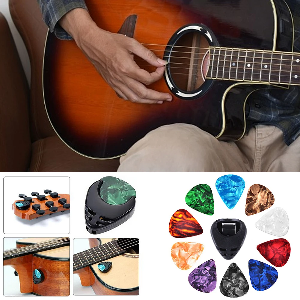 10Pcs Guitar Picks & Guitar Pick Holder Set For Acoustic Guitar Electric Guitar Bass Ukulele Stick-on Holder (Random Color)