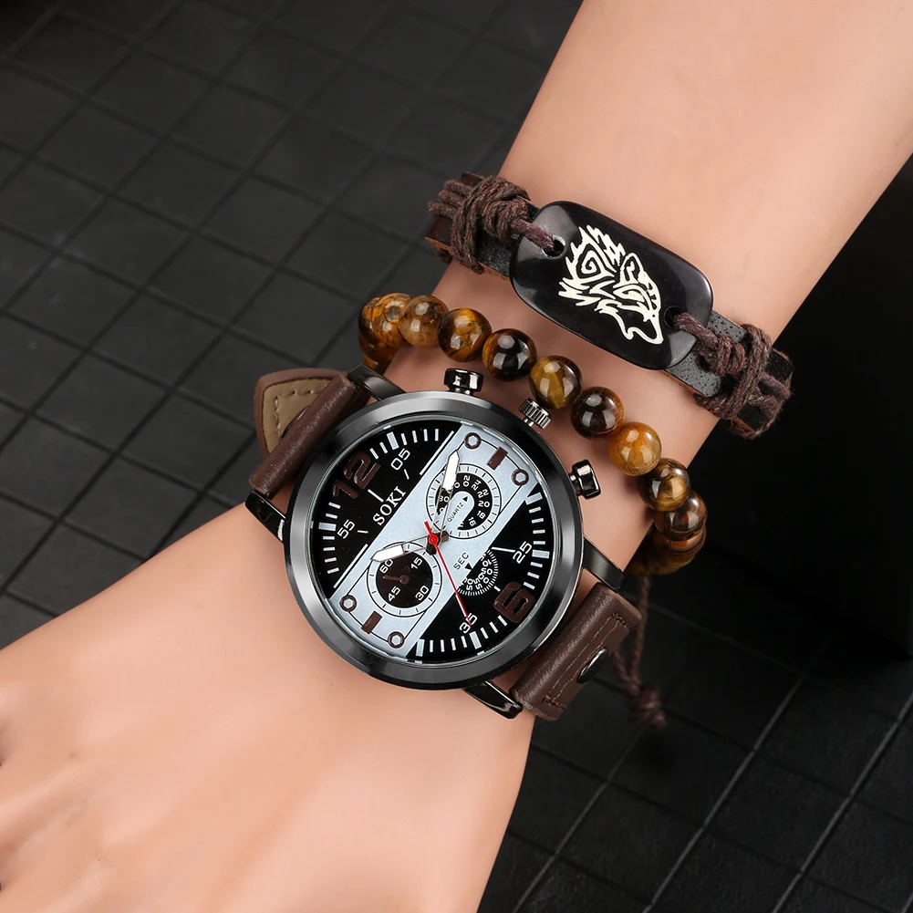 Watch Bracelets Gift Set for Men Black Quartz Watches with Bracelet to Man Wristwatch Present Boyfriend Husband Reloj Hombre