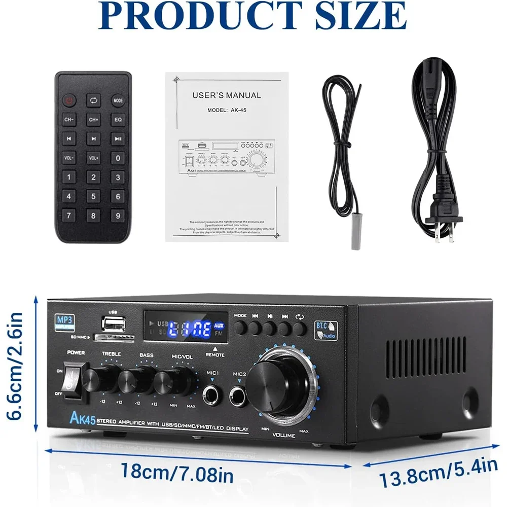 AK45 가정용 전력 증폭기, 블루투스 5.0 오디오 증폭기, HIFI CH 2.0 앰프 지지대, USB SD 카드 입력, 가정용 AV 시스템에 적합