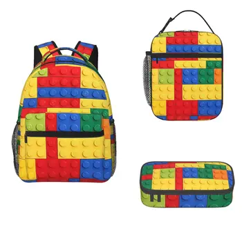 Zaini di design con mattoni colorati Ragazzi Ragazze Bookbag Borse da scuola per bambini Cartone animato Zaino per bambini Borsa per il pranzo Borsa per penne Set di tre pezzi