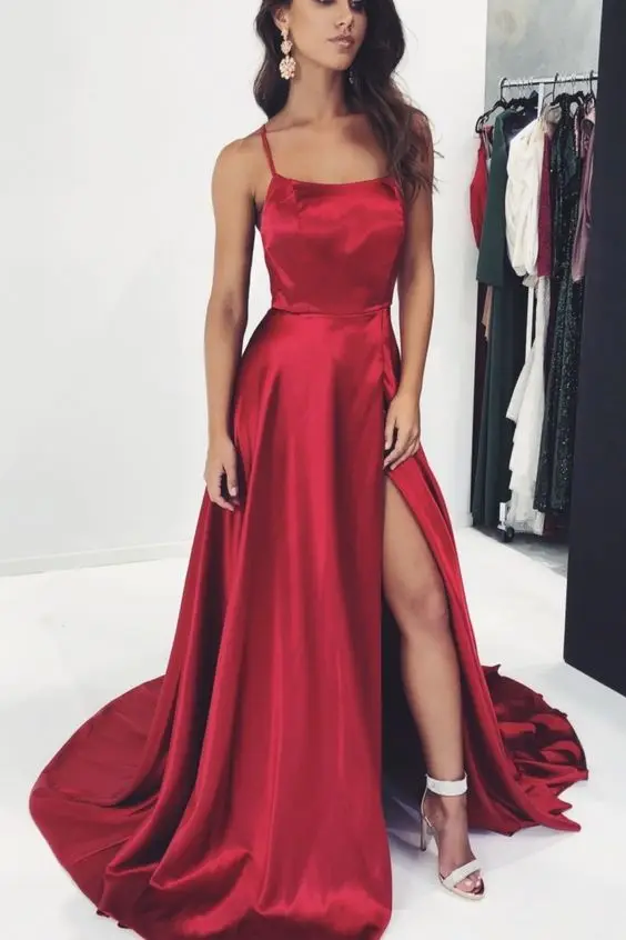 red prom dress Fashion Prom Dress Spaghetti Straps Side Split A-line Homecoming Dance Party Dresses satin prom dress Prom Dresses