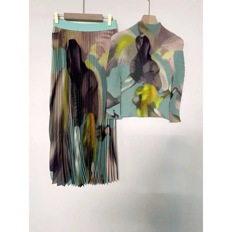 2023 Miyake Pleated New Women Suit Slim Western Print Stand Collar Long Sleeve Top Loose Slim Skirt Casual Party Two Piece Set