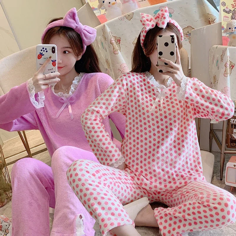 

2023 Winter Thick Warm Long Sleeve Flannel Pajama Sets Women Korean Cute Lace Print Sleepwear Homewear Pijama Mujer Home Clothes