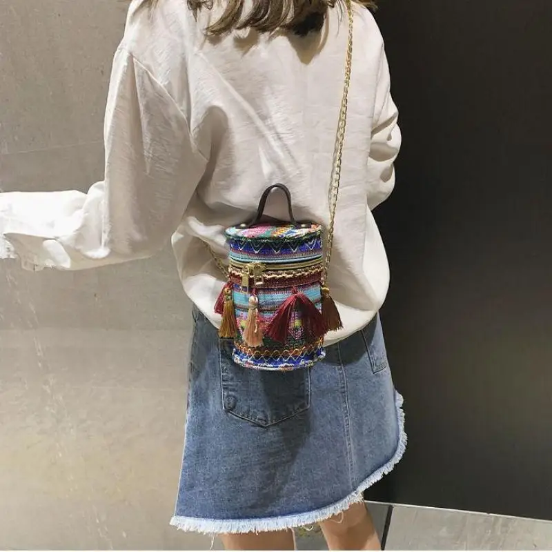 Fashion Handbag Women's Bag Straddle Bag Beach Bohemian Cylinder Bag National Style Chain Girl's Shoulder Bag Crossbody Bag
