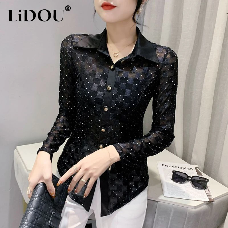 3637 summer black blue long shirt dress women split joint mesh print a line shirt dress turn down cullar buttons loose pockets Spring Autumn Polo-neck Diamonds Mesh Patchwork Buttons Shirt Female Long Sleeve Elegant Fashion All-match Blouse Women's Top