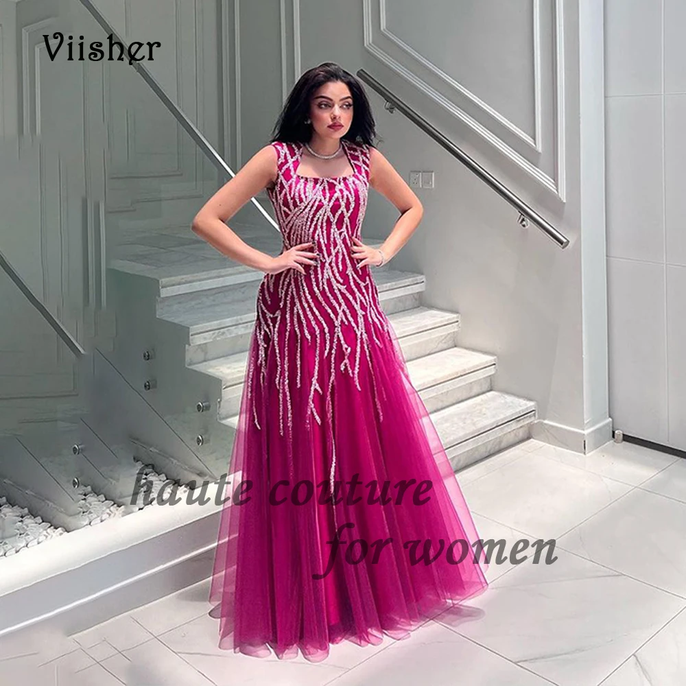 

Purple Beaded Tulle Luxury Evening Dresses Sleeveless Square Neck Formal Occasion Dress Floor Length Arabian Dubai Prom Gowns