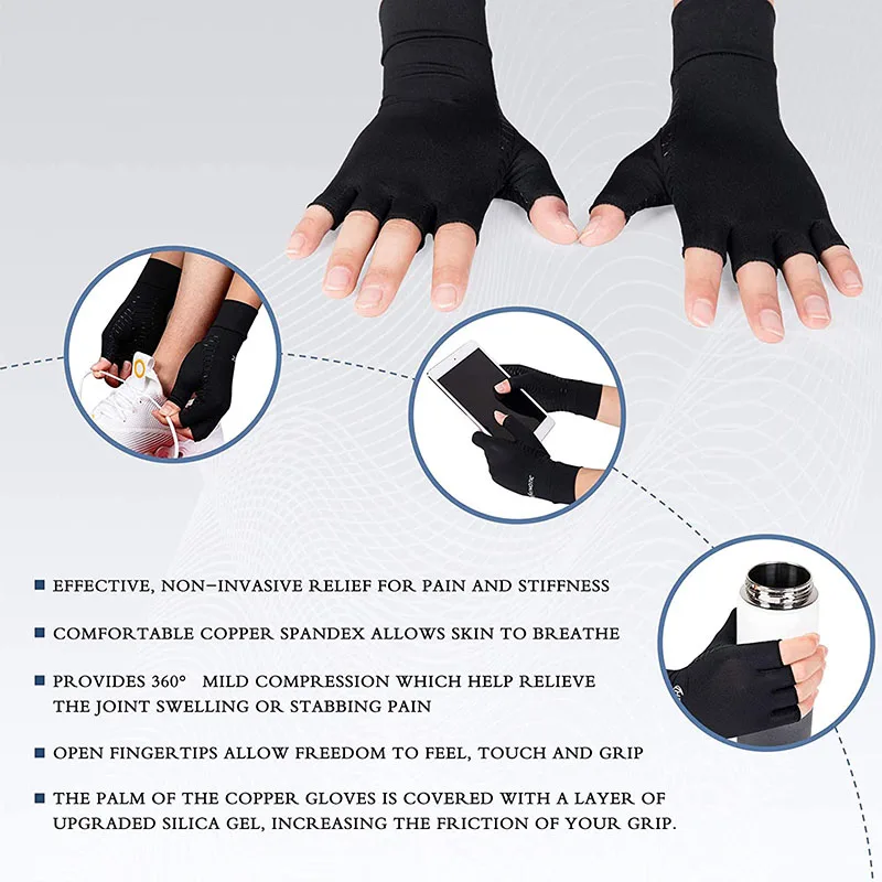 1 Pair Copper Compression Gloves for Women Men Fingerless Gloves For Relieving Carpal Tunnel Aches Rheumatoid Pains Joint Swell
