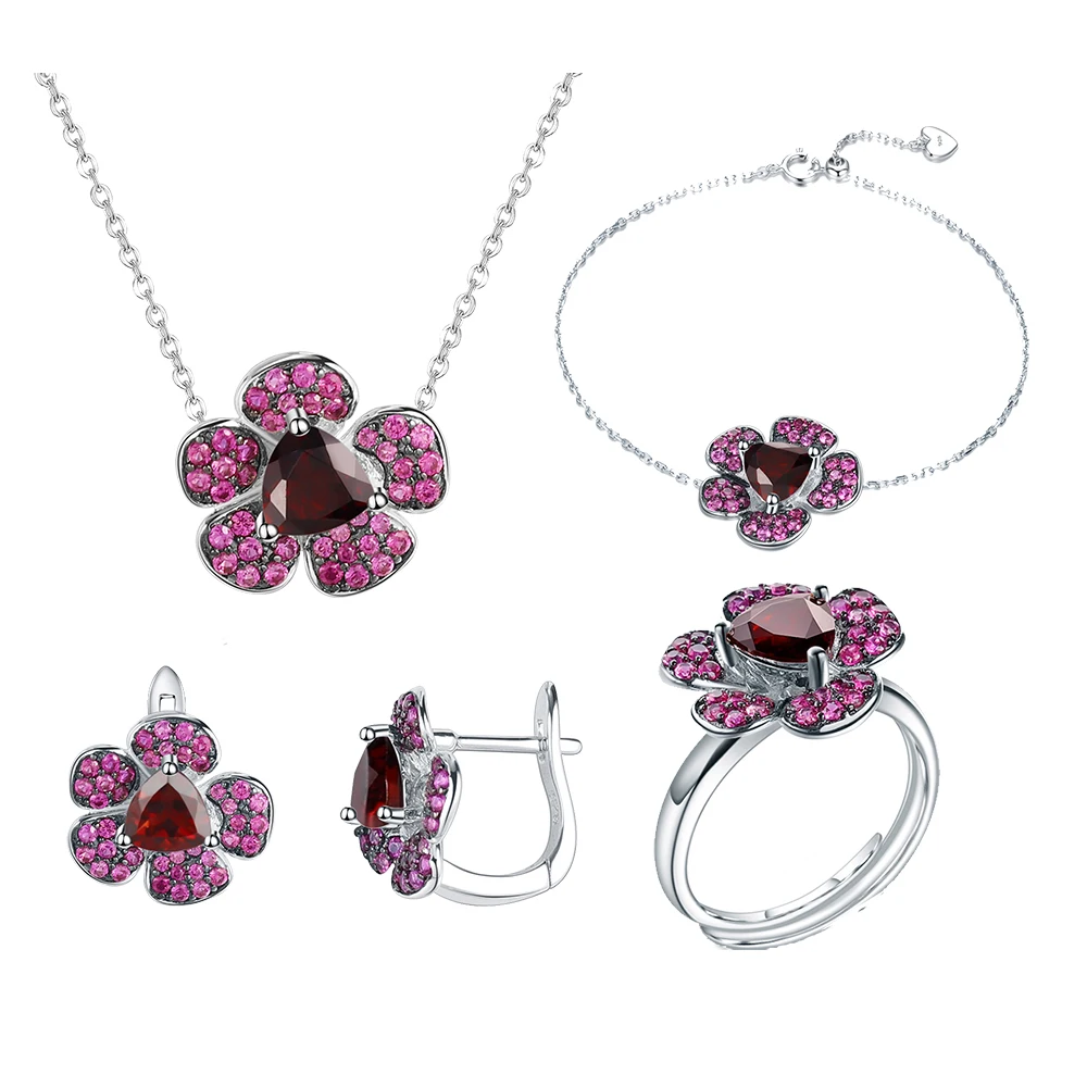 

C8227 Abiding Manufacturer Direct Sale Italian Russian Garnet Gemstone 925 Silver Flower Four Pieces Jewelry Set