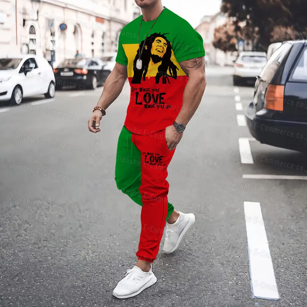 Bob Mary Short Sleeve Set Summer Street Men Fashion T-Shirt+Trousers 2-Piece Suit Oversize Round Neck Shirt Set 6xl american harajuku high street five leaf clover embroidered jeans for men and women hip hop oversize loose straight y2k trousers