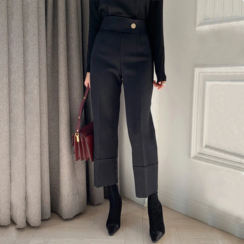 Women Woolen Suit Pants 2024 Korean Style High Waist Ankle-Length Pants Autumn Winter Elastic Loose Straight Pantalones Solid