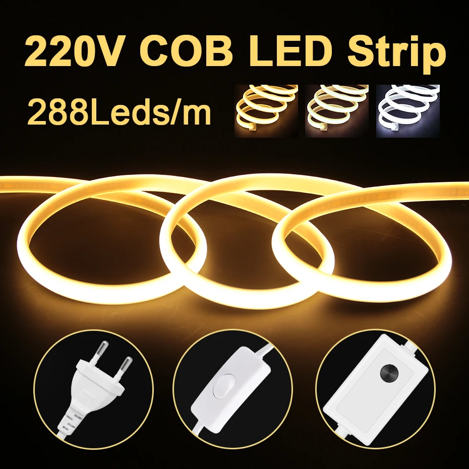 

Светодиодная лента COB 220 В, 288 светодиодов/м, водонепроницаемая наружная Светодиодная лента, режущая гибкая лента COB 3000K/4500K/6000K с вилкой европейского стандарта