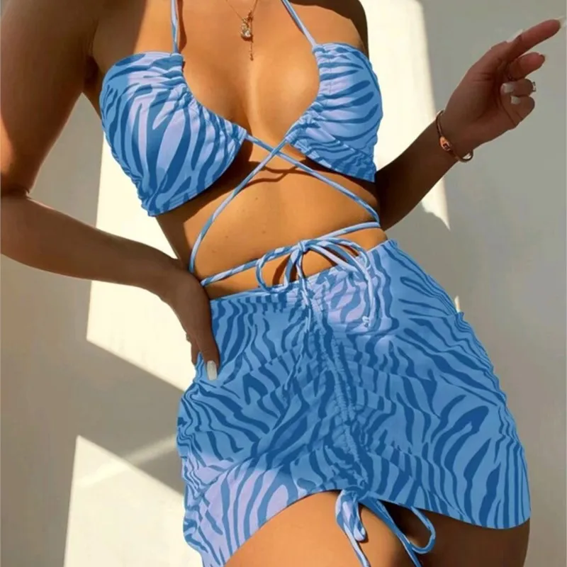 

3pack Zebra Stripe Bikini Women Lace Up Swimsuit Beach Skirt 2023 Swimwear Female Padded Bathing Suit Swimming Beachwear Summer