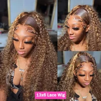 Perruque Lace Frontal Wig naturelle bouclée à reflets transparents HD, blond miel, perruque Lace Frontal Wig Deep Wave pour femmes 2