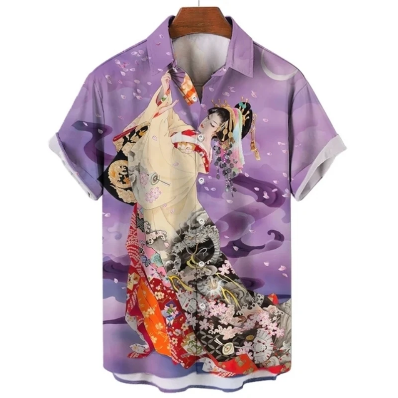 Yamato Geisha Japan Hawaiian Fashion Men's Shirts Casual Man Summer Clothing 3d Print Short Mens Blouse Camisas Casuais Flower