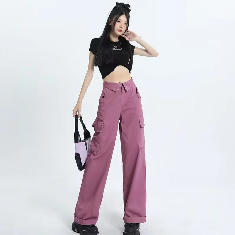 American Overalls Trousers Women Summer Wide Leg Casual Pants Thin Straight Loose High Waist Slim Cargo Bottoms Pockets Purple yiciya overalls braced jeans detachable y2k stars pants jean american women s new high waist baggy wide legged pant trousers 90s