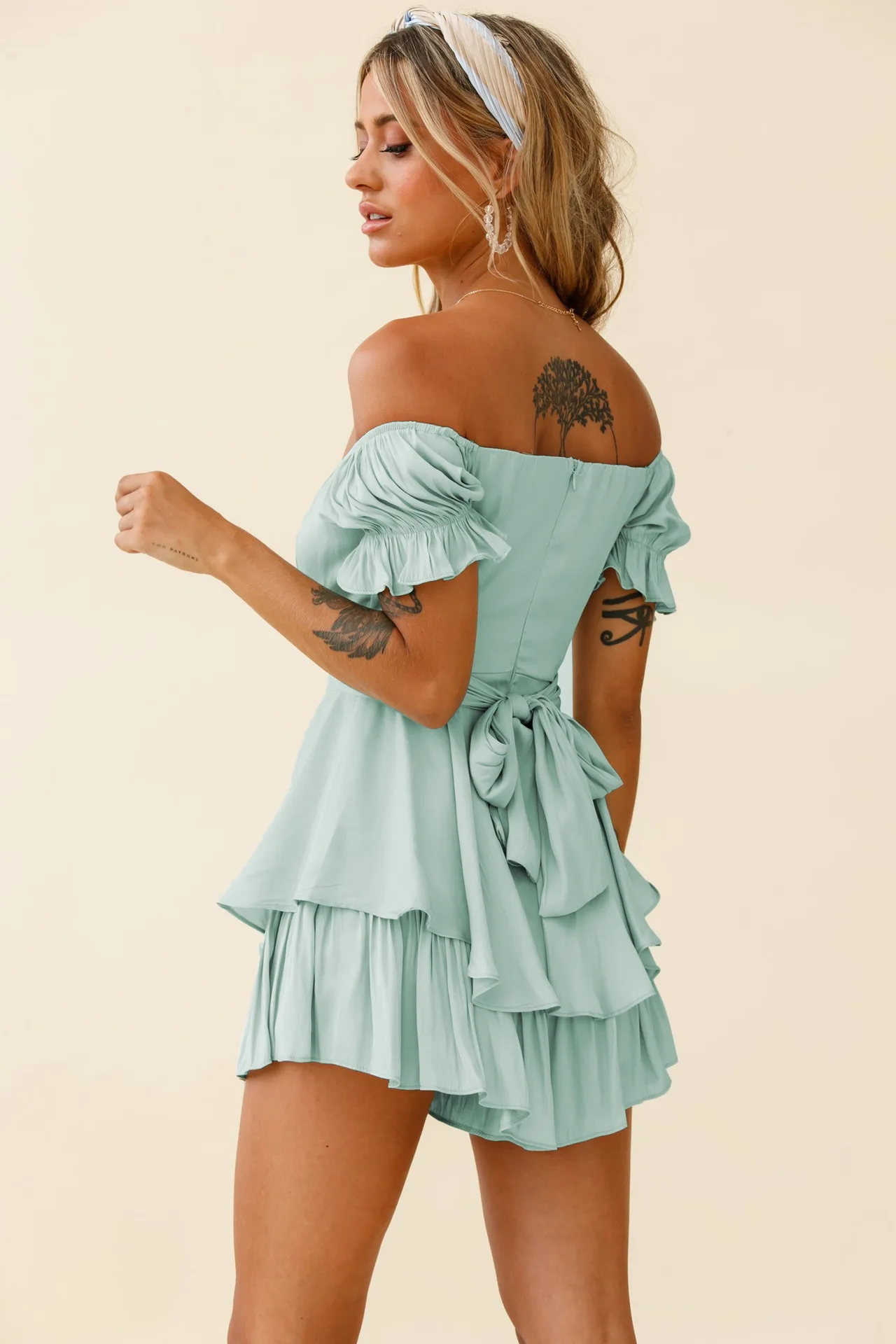 Summer Casual Women's Jumpsuit Solid Color Fashion Sexy A Collar Shorts Lantern Ruffle Sleeve Short Sleeve Short Pants