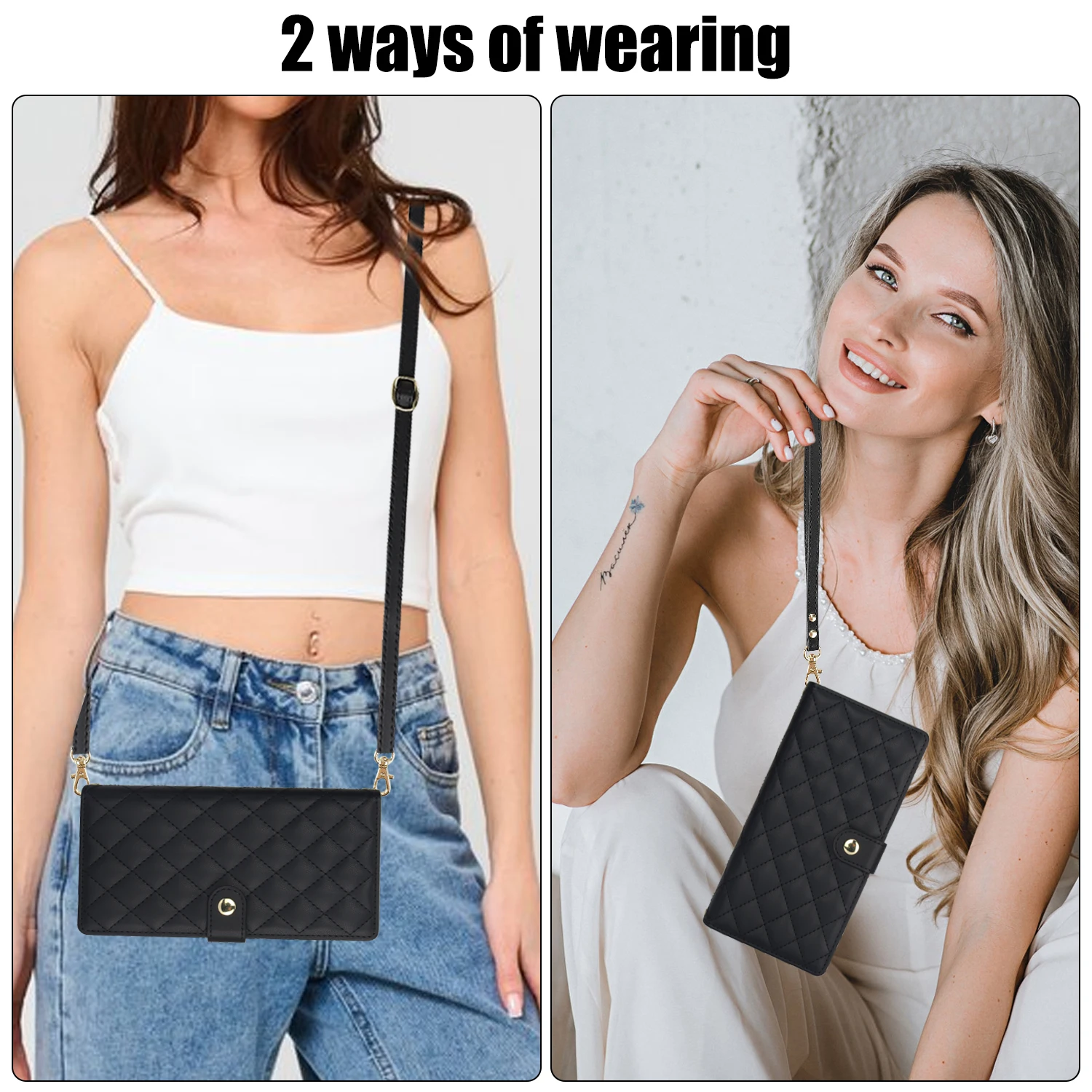 Crossbody Zipper Card Slot Leather Wallet Case with Lanyard Cover
