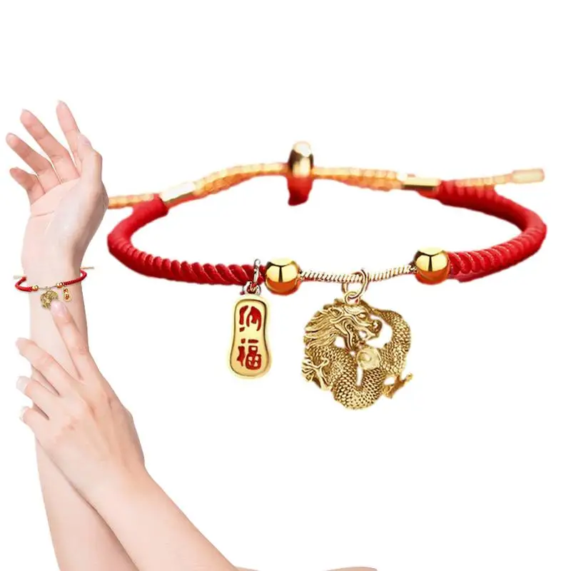 

Red Drawstring Bracelet For Men Chinese New Year Bracelet Zodiac Lucky Bracelet With Dragon Pendant Women Men Present Elderly