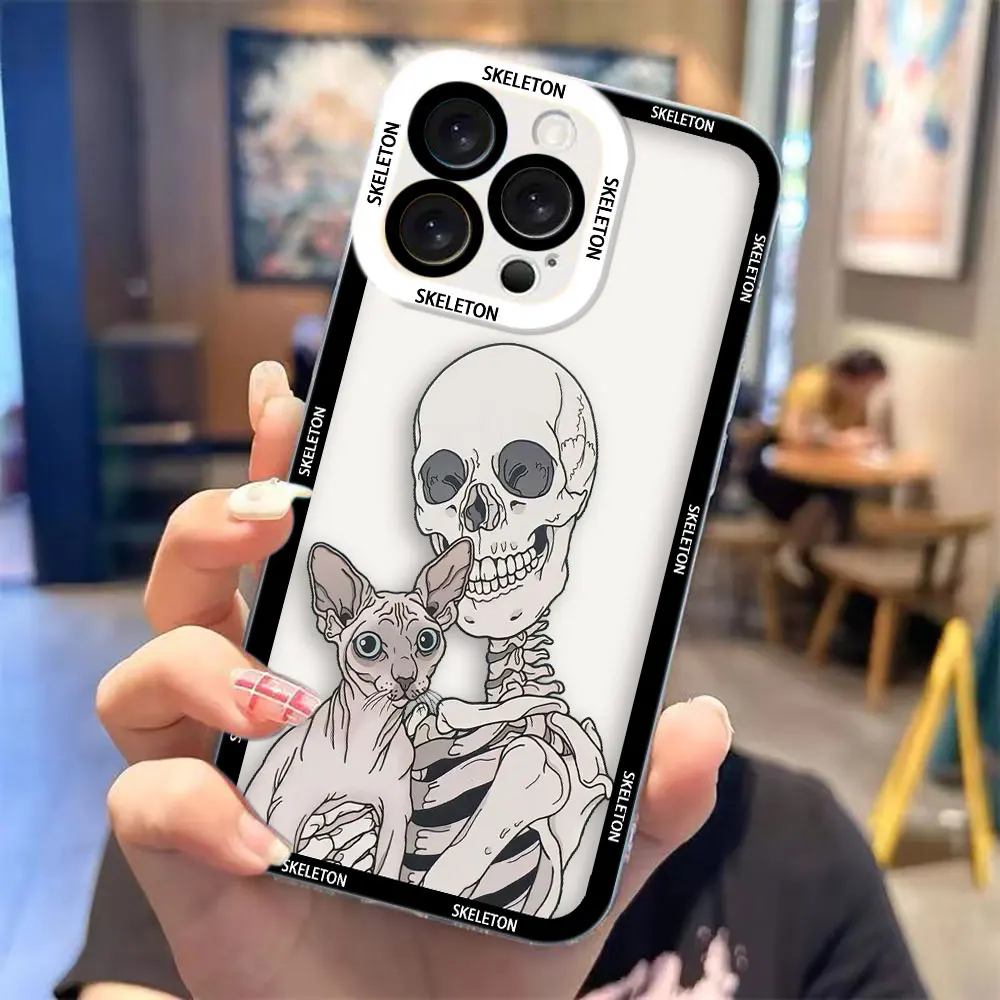 Transparent Phone Case with Terrified Skull-Headed Cat Design