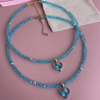 Simple Vintage Necklace For Women Female Lake blue Crystal Jewelry