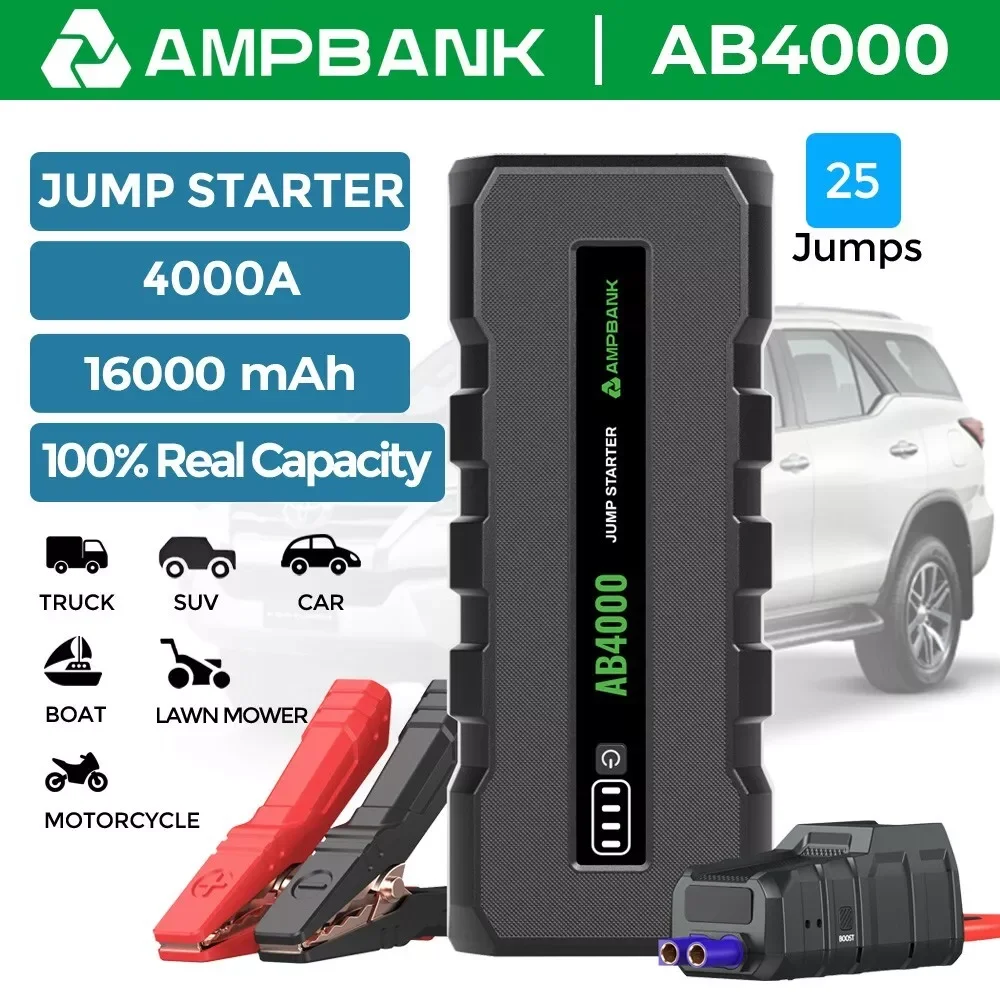 Power Bank Battery Charger AMPBANK AB4000 Car Jump Starter 24000mAh Booster Power Bank Battery Charger Portable 12V Jumper Cables and EVA Protection Case