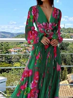 Vintage Floral Print Elegant Dress Puff Sleeve V-Necl Slim Boho Casual Cutout Spring Plus Size Long Dresses for Women 2024 - Image 5