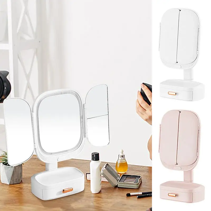 Folding Makeup Mirror High-quality Portable Desktop Mirror 3 Color Lighting Mode Women Solid Color Standing Makeup Mirror portable neck hanging fan mini usb rechargeable pink fan 3 mode speed regulation f98 with rechargeable 2200mah battery