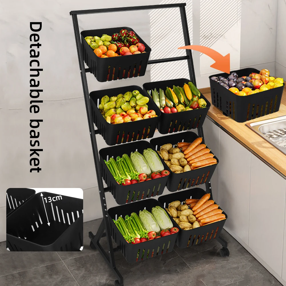 4-Tier Fruit and Vegetable Basket W/Rolling Wheels Fruit Basket Stand Vegetable Storage Rack for Kitchen Floor & Pantry