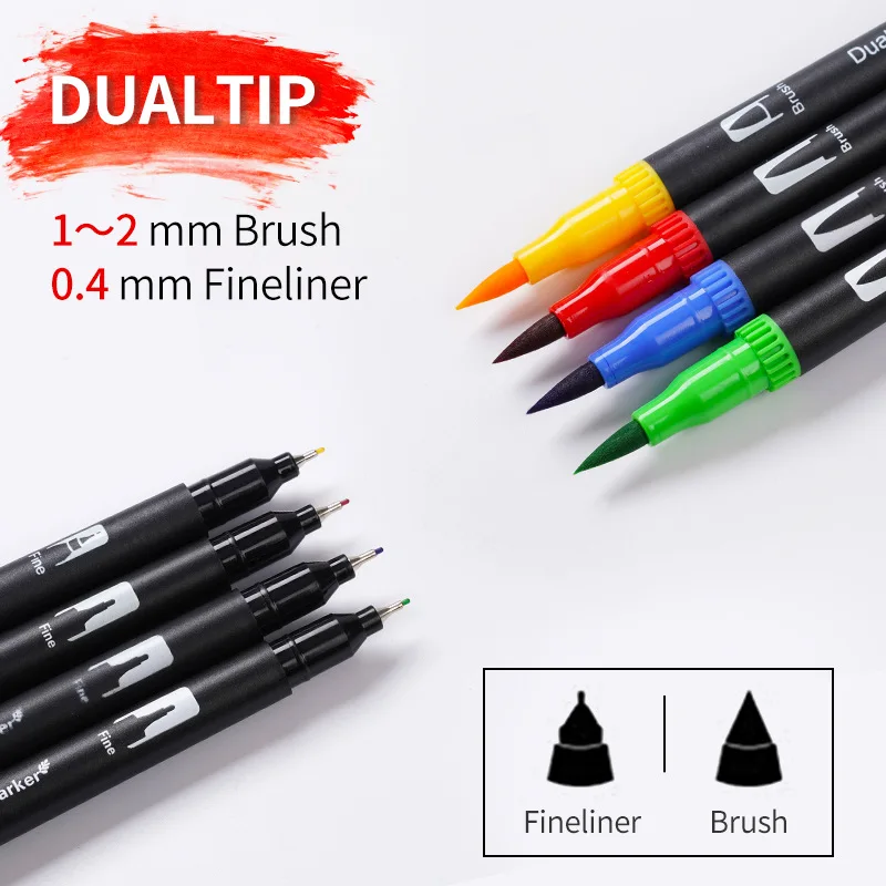 Dual Tip Brush Marker Pens, Tanmit 0.4 Fine Tip Markers & Brush Highlighter Pen