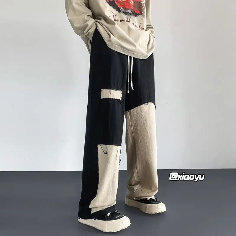 Autumn Winter Elegant Fashion Harajuku Slim Fit Ropa Hombre Loose Casual All Match Straight Leg Wide Leg Pants Patchwork Pants