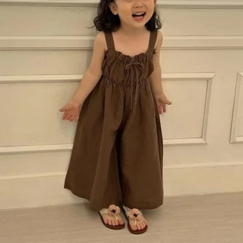 WOOFOO 2026 Summer New Girls Cotton Sling Jumpsuit Loose Wide Leg Pants Casual Sweet Kids Fashion Outfits 1